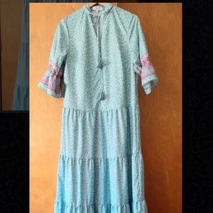 New Area Stars Boho Aqua Pink Birds Floral Tiered Gypsy Maxi Dress Pretty